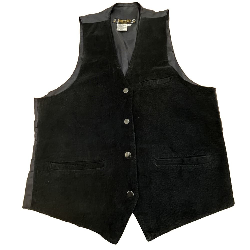 Don't Stop Classic Mens Large Black Suede Leather Motorcycle Vest Snap Front